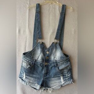 Almost Famous Blue Distressed Coverall Shorts Romper, Shortalls Juniors Size 11